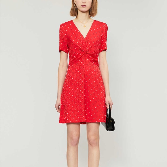Maje Ripia Twist-front Polka-dot Floral-jacquard Mini Dress 34 - Picture 2 of 6